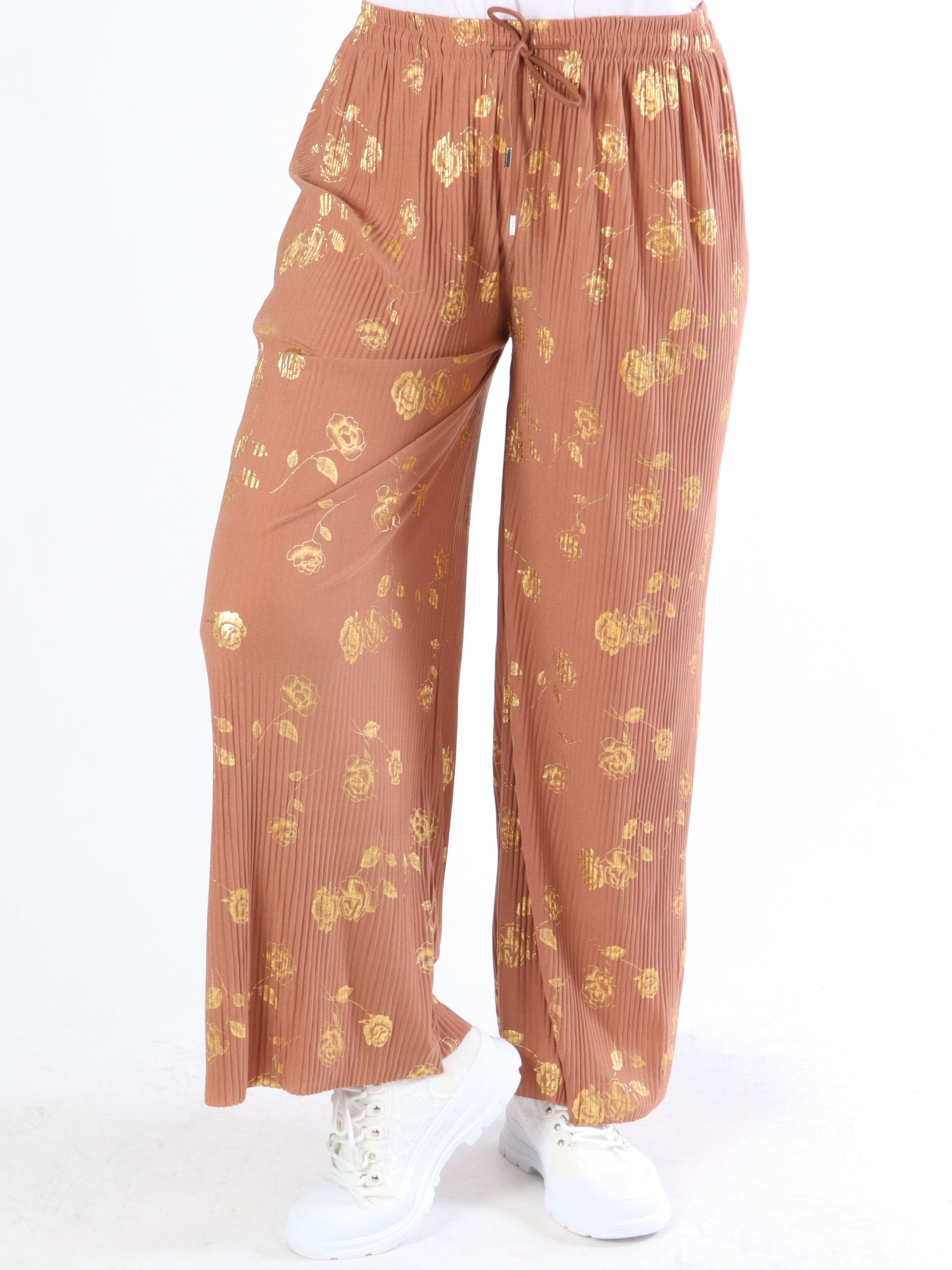 Alpha - Plisserede bukser med guldblomster